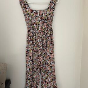 Pink and Green Floral Jumpsuit with Square Neckline